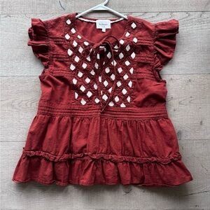 Bohme rust top with tie in front and flutter sleeves